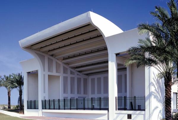 Exterior photo of Sea Walk Pavilion. Palm trees line either side of the venue.